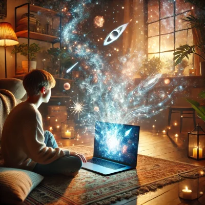 DALL·E 2024-08-15 22.27.00 - A scene showing cosmic elements emerging from a laptop. The image no longer includes the teenager, focusing instead on the laptop placed on a cozy rug